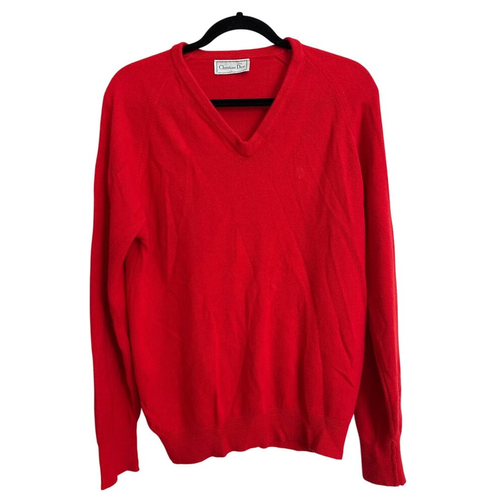 Vintage Christian Dior Monsieur Red‎ V-Neck Sweater 80s/90s Preppy Knit Made USA
